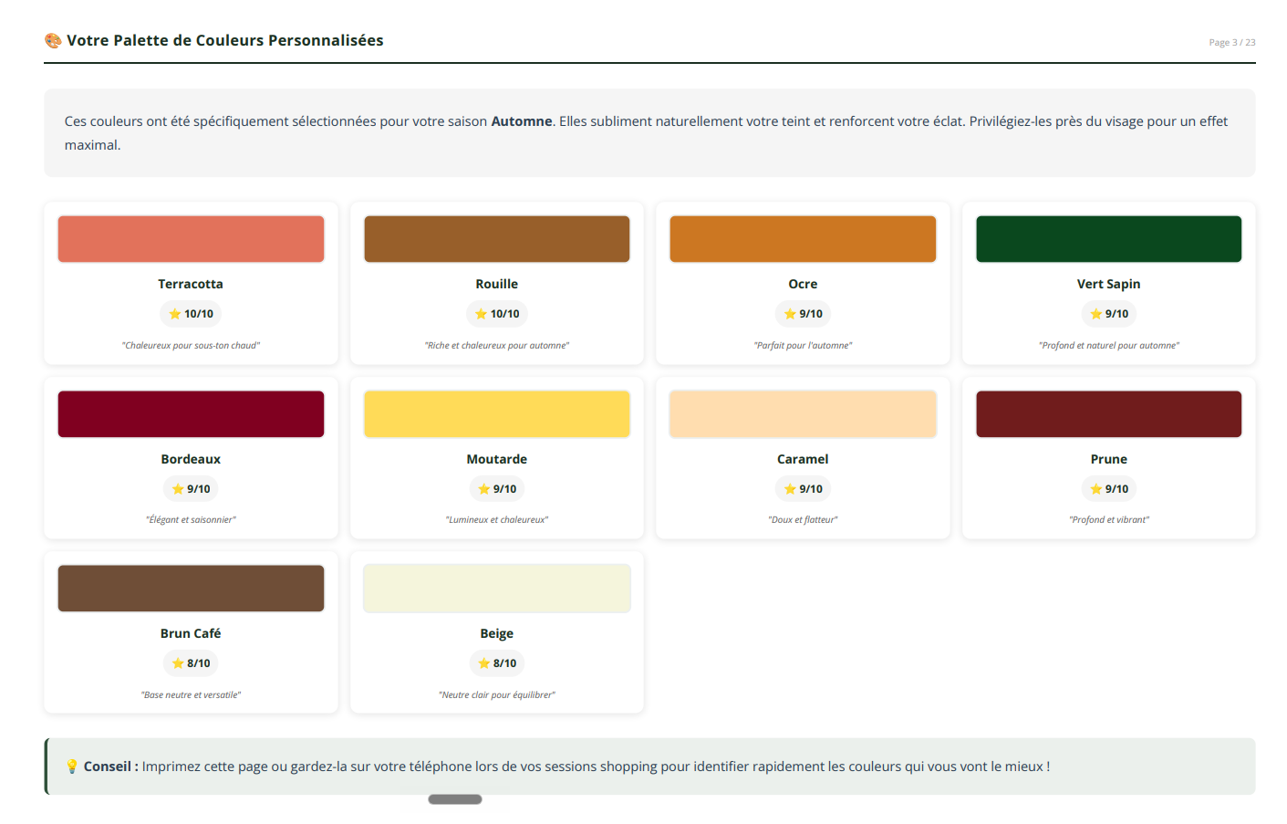 Extrait rapport MyStylist - Analyse colorimétrique saison Automne