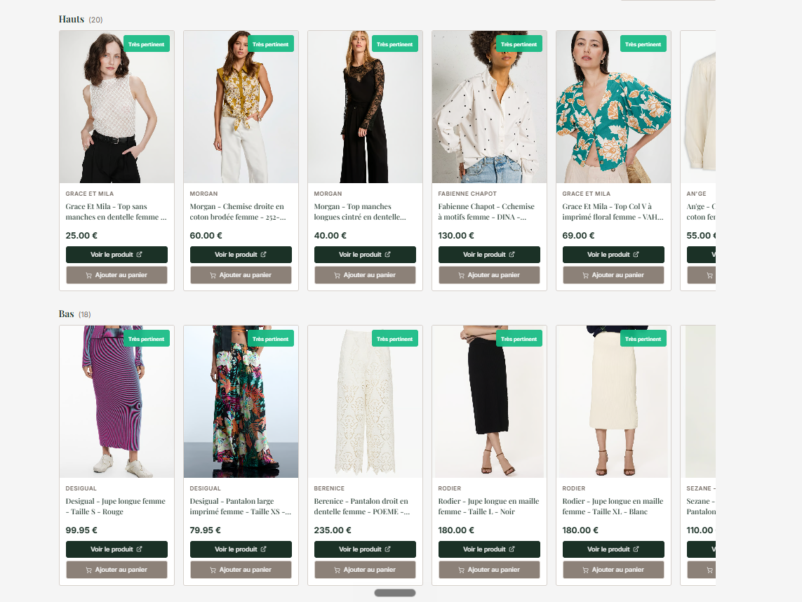 Aperçu de l'onglet Recherche MyStylist — sélections de hauts et bas filtrés selon le profil