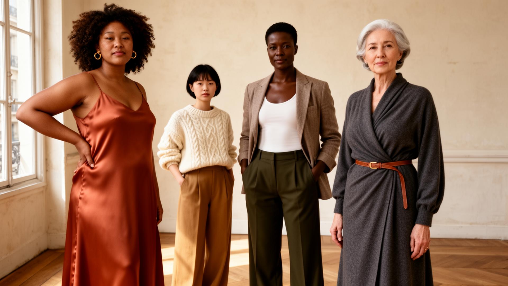 Éditorial mode luxe — quatre femmes aux silhouettes, âges et origines variés (curvy, petite, athlétique, mature) en robe slip terracotta, maille crème, blazer taupe et robe portefeuille charcoal, composition naturelle aux tons neutres