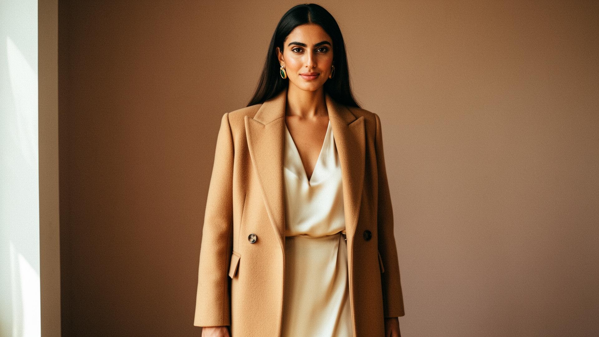 Femme élégante portant un manteau camel et une robe en soie crème, expression d'un style personnel raffiné